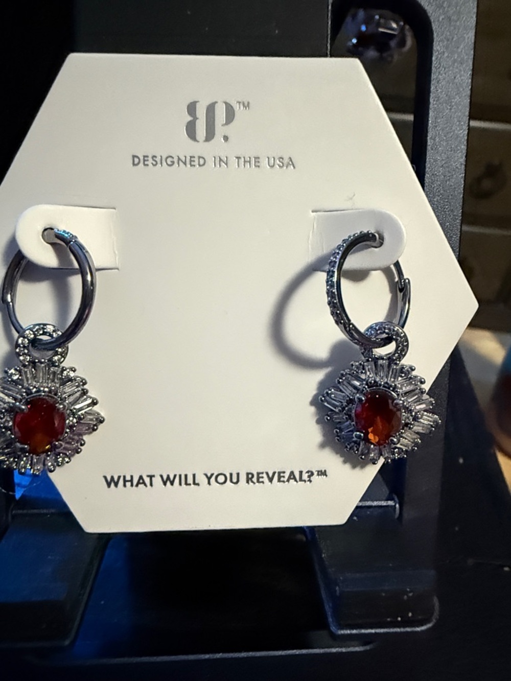 BP rhodium plated Hoop Earrings with Red garnet CZ sunburst design